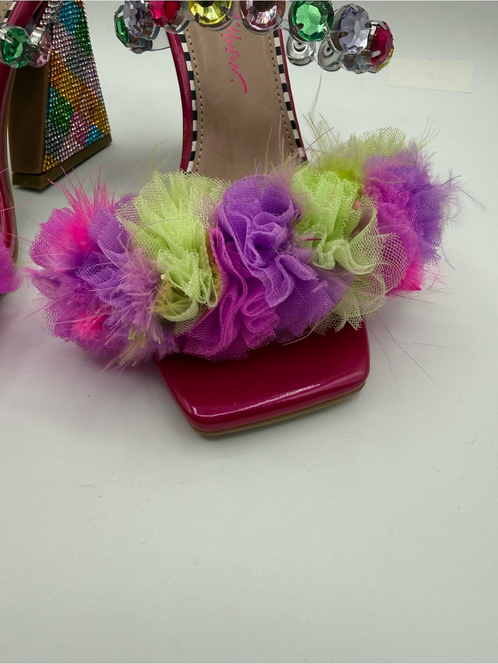Betsey Johnson Attica Rhinestone Pink Embellished Sandals Pom Pom Statement Mule - Picture 13 of 17